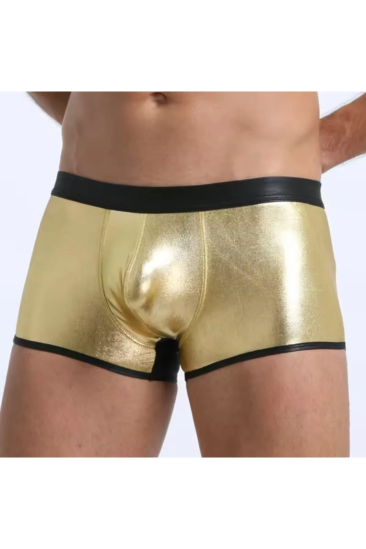 Kalbinle Fantezi Deri Görünümlü Seksi Altın Erkek Boxer - Fantezi Tanga TG274604