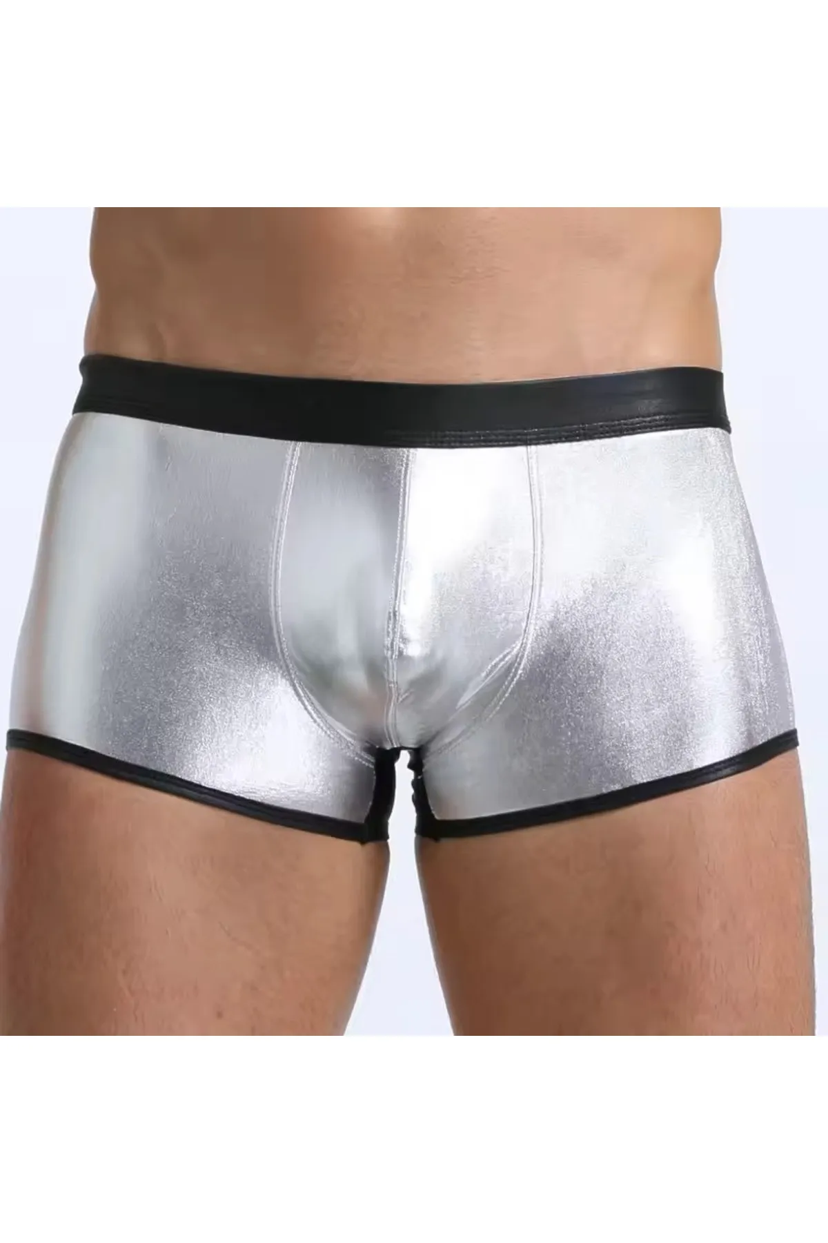 Kalbinle Fantezi Deri Görünümlü Gümüş Erkek Boxer Tanga TG274607