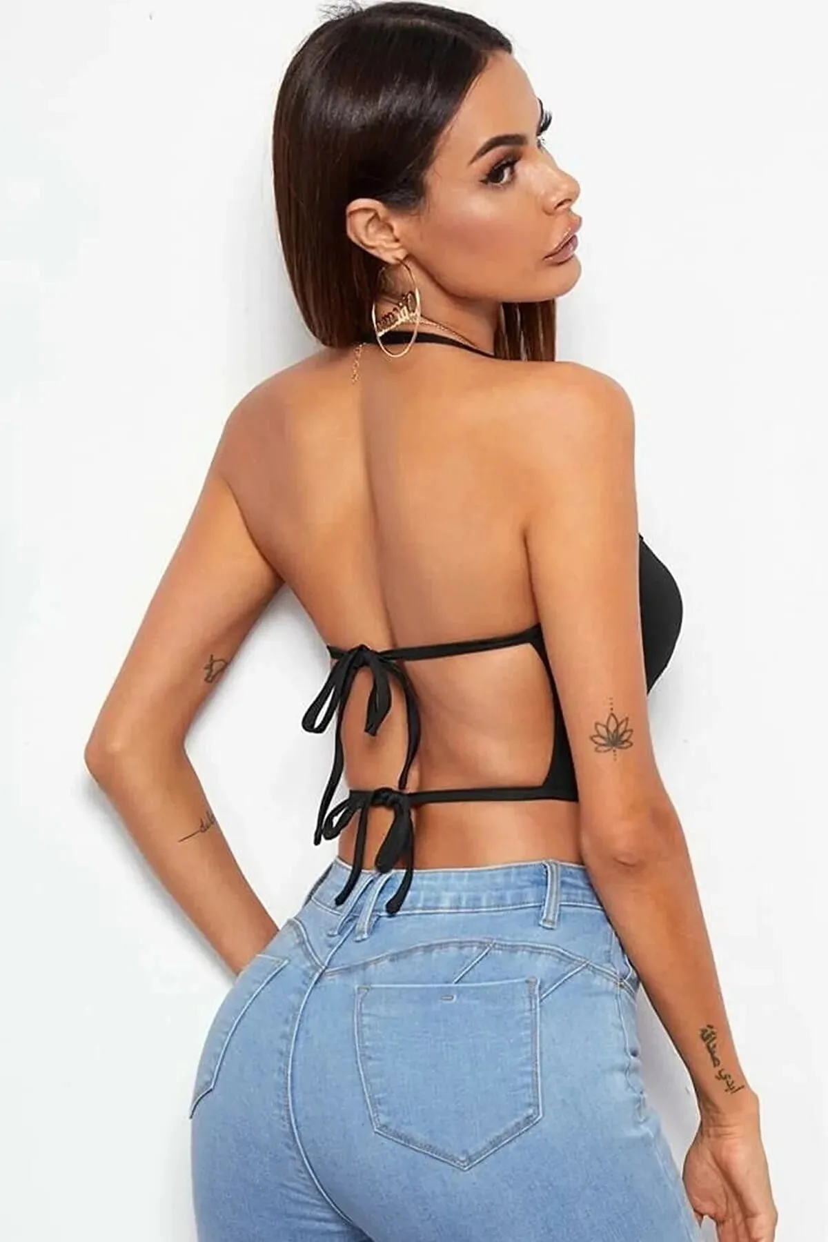 Kalbinle Kadın Sırtı Açık Siyah Belden Bağlamalı Crop Büstiyer TG275441