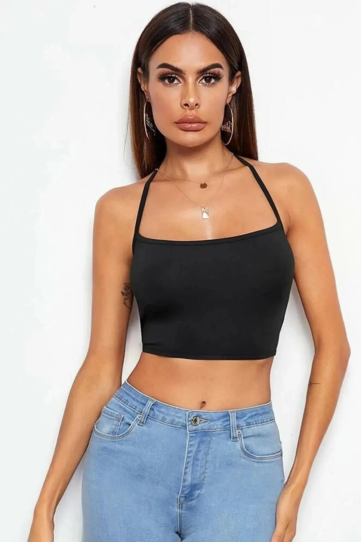 Kalbinle Kadın Sırtı Açık Siyah Belden Bağlamalı Crop Büstiyer TG275441