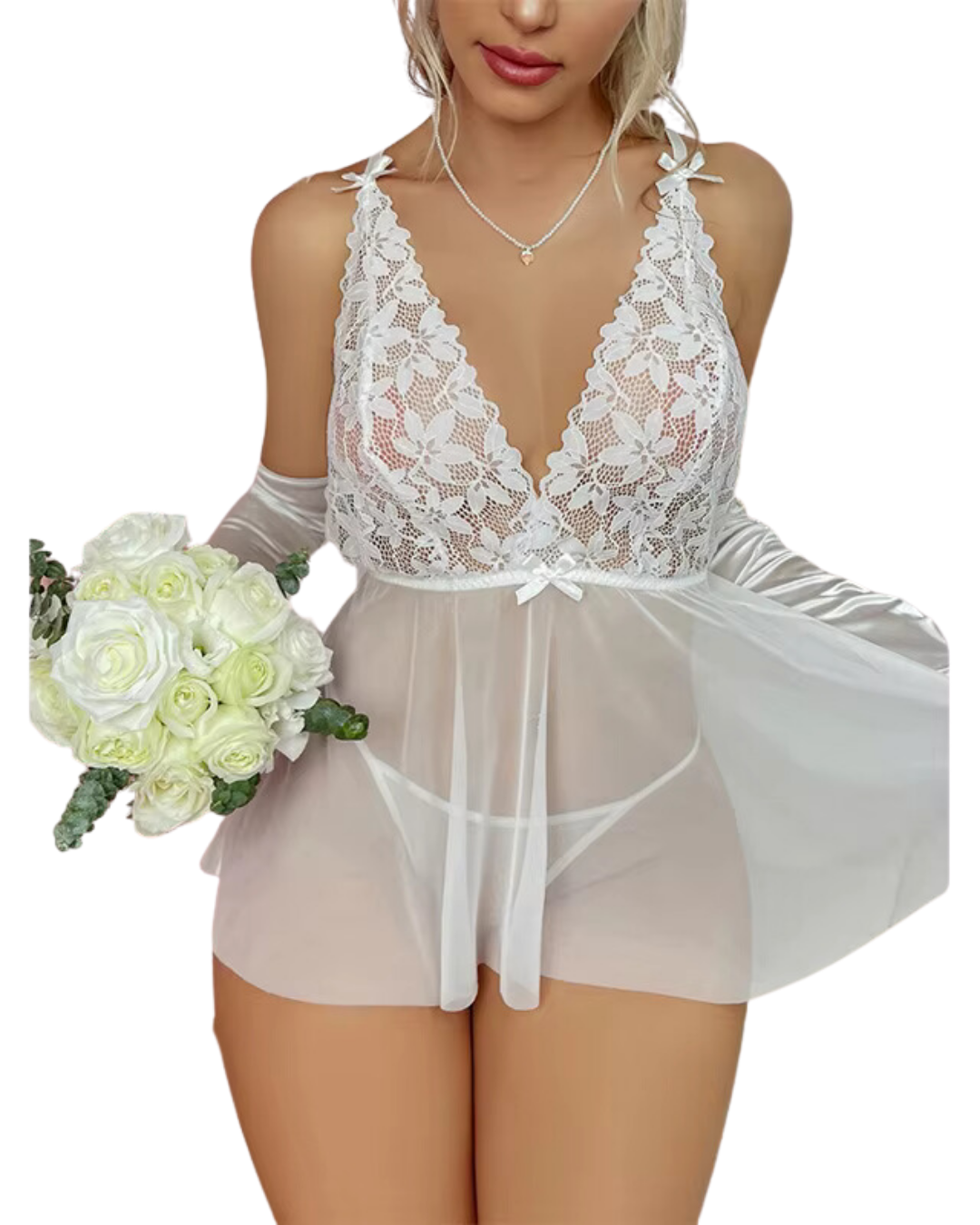 Kalbinle Fantezi Beyaz Dantelli Transparan Tül Etekli Seksi Elbise Gecelik TG273266