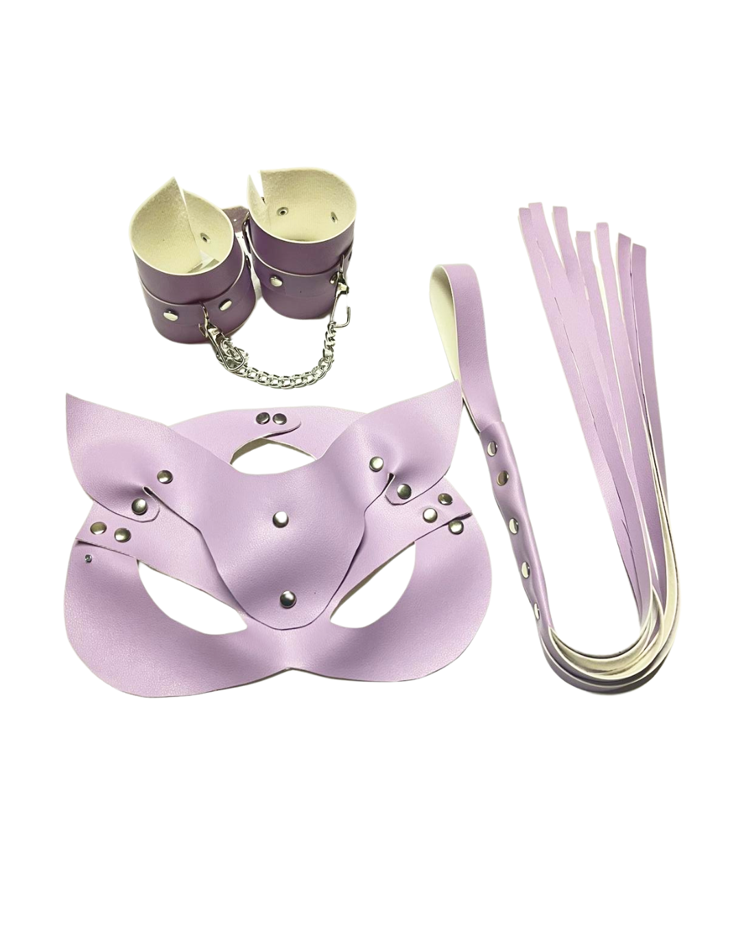 Kalbinle Fantezi Deri Seksi Lila Kedi Maske Kelepçe Kırbaç Seti ( 3’lü set) TG275370
