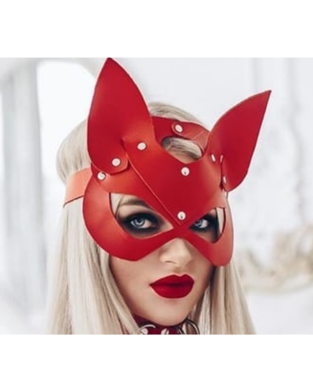 Kalbinle Fantezi Deri Seksi Kırmızı Kedi Maske Kelepçe Kırbaç Seti ( 3'lü set) TG275367