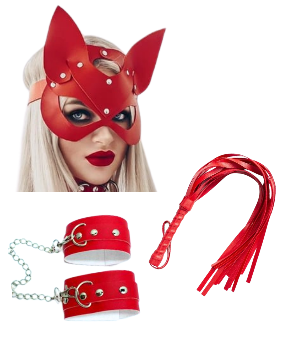 Kalbinle Fantezi Deri Seksi Kırmızı Kedi Maske Kelepçe Kırbaç Seti ( 3'lü set) TG275367