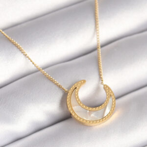 Tegan 316L Çelik Gold Renk Beyaz Sedefli Hilal Model Kadın Kolye TG27BKO8362