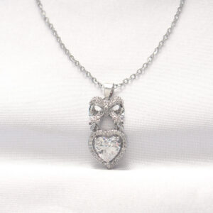 Tegan 316L Çelik Silver Renk Zirkon Taşlı Kalpli Fiyonk Kolye TG27BKO8519