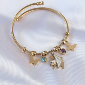 Tegan 316L Çelik Gold Renk Zirkon Taşlı Minimal Kalp Detay Kelebek Charm Bileklik TG27BB6091