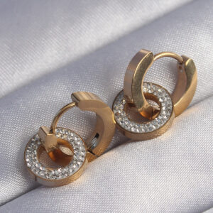 Tegan 316L Çelik Gold Renk Zirkon Taşlı İç İçe Geçmeli Oval Küpe TG27BKP9014
