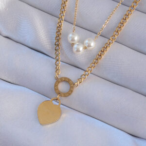 Tegan 316L Çelik Gold Renk Çift Zincir İnci Detayı Love Kalp Kolye TG27BKO8939