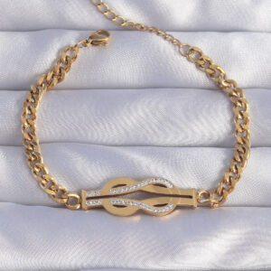 Tegan 316L Çelik Gold Renk Zirkon Taşlı Kemer Tokası Model Zincir Bileklik TG27BB6210