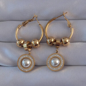 Tegan 316L Çelik Gold Renk Zirkon ve İnci Taşlı Model Halka Küpe TG27BKP9149
