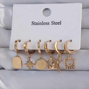Tegan 316L Çelik Gold Renk Yıldız Figürlü Tarot Model Halka Küpe Seti TG27BKP9156