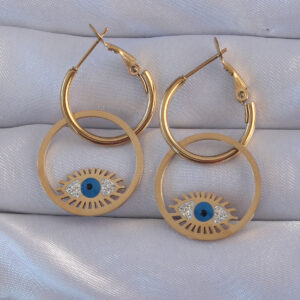 Tegan 316L Çelik Gold Renk Zirkon Taşlı Mavi Göz Tasarımlı Halka Küpe TG27BKP9164