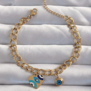 Tegan 316L Çelik Gold Renk Nazarlı Kalp Model Zincir Bileklik TG27BB6227