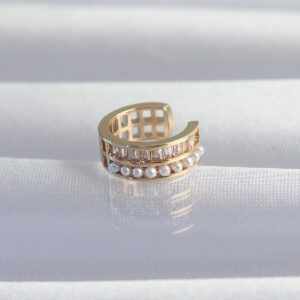 Tegan Pirinç Gold Renk İncili Baget Taşlı Earcuff Küpe TG27BKP9339