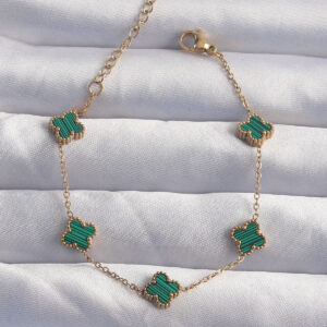 Tegan 316L Çelik Baby Boy Gold Renk Çizgili Yeşil Mineli Yonca Bileklik TG27BB6271