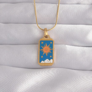Tegan 316L Çelik Gold Renk Mavi Mineli Güneş Model Tarot Kolye TG27BKO9026