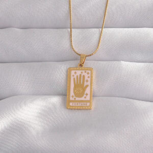 Tegan 316L Çelik Gold Renk Pembe Mineli El Figür Tarot Kolye TG27BKO9031