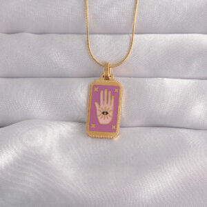 Tegan 316L Çelik Gold Renk Mor Mineli El Figür Tarot Kolye TG27BKO9034