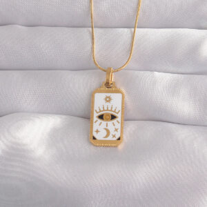 Tegan 316L Çelik Gold Renk Beyaz Mineli Göz Figür Tarot Kolye TG27BKO9037