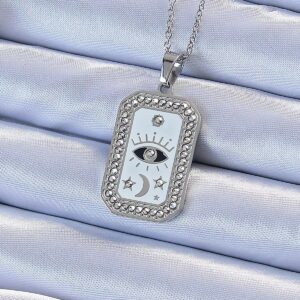 Tegan 316L Çelik Zincir Gümüş Renk Mineli Zirkon Taşlı Göz Figür Tarot Kolye TG27BKO9216