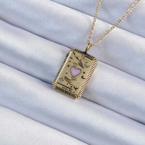 Tegan 316L Çelik Zincir Eskitme Altın Renk Pembe Mineli Kalp Figürlü Tarot Kolye TG27BKO9231