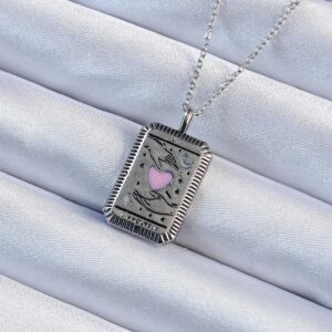 Tegan 316L Çelik Zincir Eskitme Gümüş Renk Pembe Mineli Kalp Figürlü Tarot Kolye TG27BKO9232