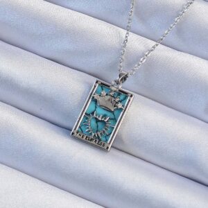 Tegan 316L Çelik Zincir Gümüş Renk Zirkon Taşlı Mavi Mermer Desenli Taç Model Tarot Kolye TG27BKO9244