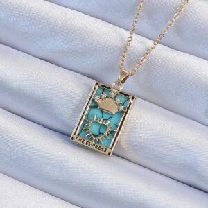 Tegan 316L Çelik Zincir Altın Renk Zirkon Taşlı Mavi Mermer Desenli Taç Model Tarot Kolye TG27BKO9245