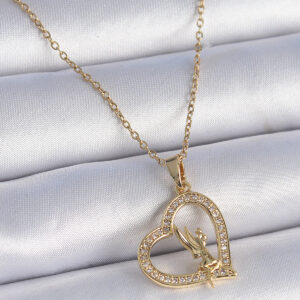 Tegan 316L Çelik Zincir Gold Renk Zirkon Taşlı Kalp Model Melek Detay Kadın Kolye TG27BKO9356