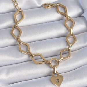 Tegan 316L Çelik Gold Renk Zincir Model Kilit Kalp Figür Kadın Bileklik TG27BB6434