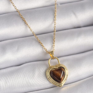 Tegan 316L Çelik Gold Renk Zincir Kilit Kalp Kehribar Boncuk Model Kadın Kolye TG27BKO9496