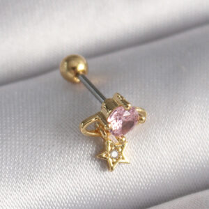 Tegan 316L Çelik Gold Renk Pembe Zirkon Taşlı Sallantı Yıldız Detay Tragus Piercing TG27PR1236