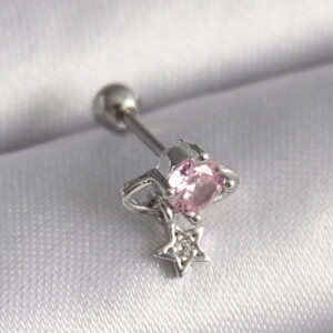 Tegan 316L Çelik Gümüş Renk Pembe Zirkon Taşlı Sallantı Yıldız Detay Tragus Piercing TG27PR1237