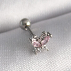 Tegan 316L Çelik Gümüş Renk Pembe Zirkon Taşlı Kelebek Tragus Piercing TG27PR1241
