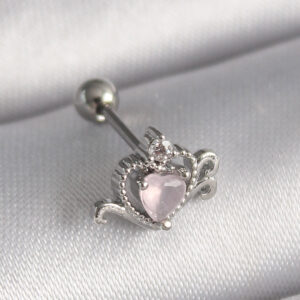 Tegan 316L Çelik Gümüş Renk Pembe Mineli Kalp Zirkon Taş Detay Tragus Piercing TG27PR1261