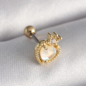 Tegan 316L Çelik Gold Renk Beyaz Mineli Kalp Zirkon Taş Detaylı Taç Tragus Piercing TG27PR1262