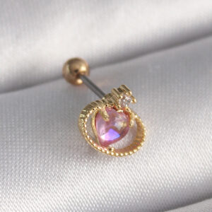 Tegan 316L Çelik Gold Renk Pembe Mineli Kalp Zirkon Taş Detay Tragus Piercing TG27PR1272
