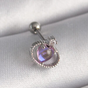 Tegan 316L Çelik Gümüş Renk Mor Mineli Kalp Zirkon Taş Detay Tragus Piercing TG27PR1273