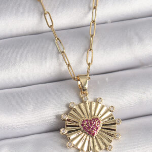 Tegan 316L Çelik Gold Renk Pembe Zirkon Taşlı Kalp İşleme Madalyon Model Kadın Kolye TG27BKO9534