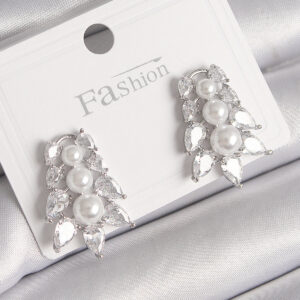 Tegan Pirinç Gümüş Renk Zirkon Taşlı Yaprak Model İnci Detay Kadın Küpe TG27BKP9799