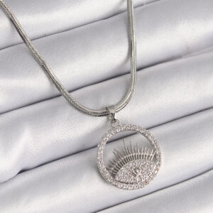 Tegan 316L Çelik Gümüş Renk İtalyan Zincir Zirkon Taşlı Göz Model Kadın Kolye TG27BKO9598