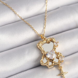Tegan 316L Çelik Gold Renk Zincir Ayna Ayıcık Model Zirkon Taşlı Kalp Model Kadın Kolye TG27BKO9626