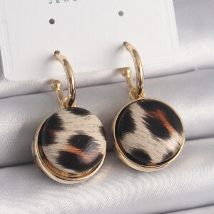 Tegan Pirinç Gold Renk Leopar Desenli Daire Model Kadın Küpe TG27BKP9878