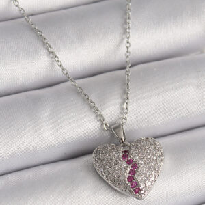 Tegan 316L Çelik Gümüş Renk Zincir Zirkon Taşlı Kalp Model Kadın Kolye TG27BKO9787