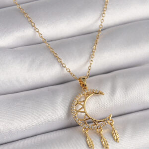 Tegan 316L Çelik Gold Renk Zincir Zirkon Taşlı Hilal Model Sallantı Yaprak Detay Kadın Kolye TG27BKO9650