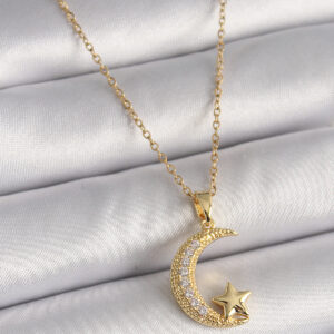 Tegan 316L Çelik Gold Renk Zincir Zirkon Taşlı Hilal Model Yıldız Detay Kadın Kolye TG27BKO9654