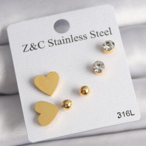 Tegan 316L Çelik Gold Renk Zirkon Taşlı Kalpli Kadın Küpe Seti TG27BKP10004
