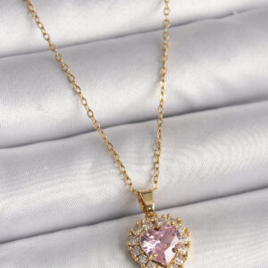 Tegan 316L Çelik Gold Renk Zincir Pembe Zirkon Taşlı Kalp Model Kadın Kolye TG27BKO9718