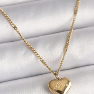 Tegan 316L Çelik Gold Renk Zincir Love İşlemeli Kalp Figür Kadın Kolye TG27BKO9778
